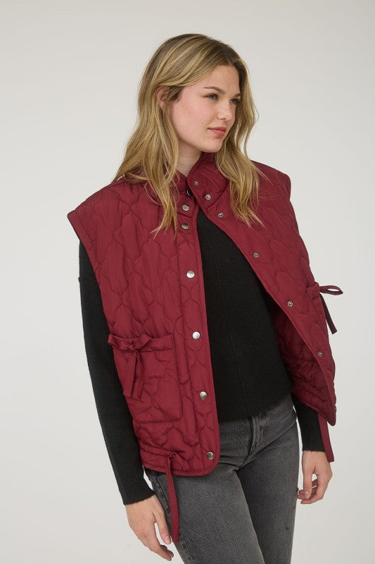 Burgundy Bow Snap Pocket Quilted Vest