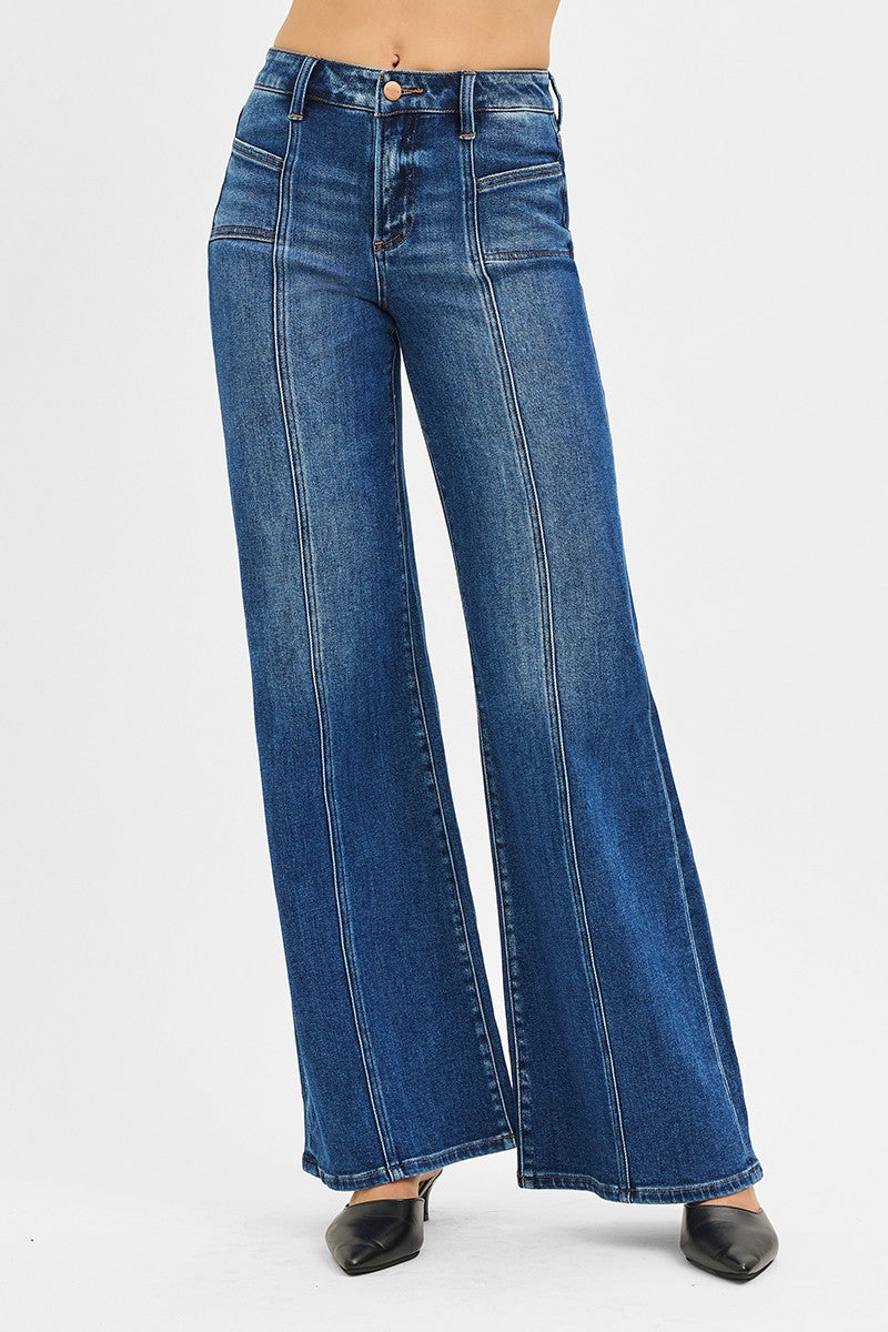 Risen Dark Mid Rise Wide Jeans W/ Front Patch Pocket