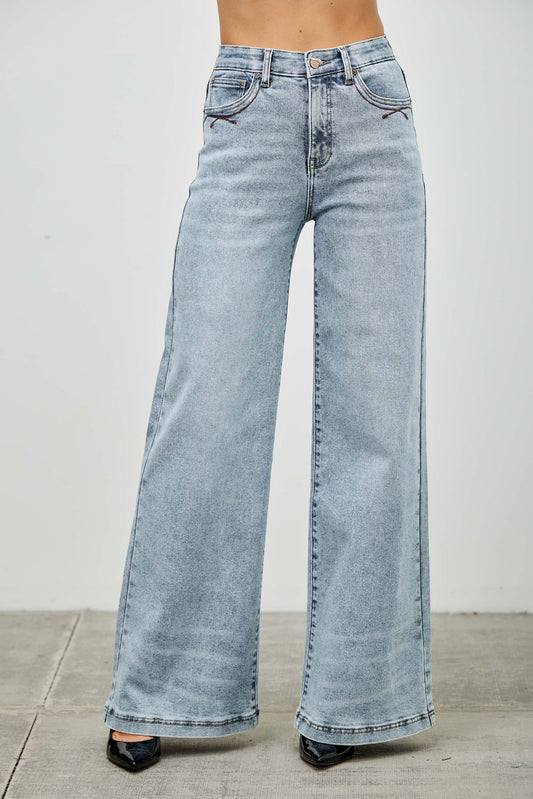 Saige High Rise Wide Leg Light Wash Rope Detail