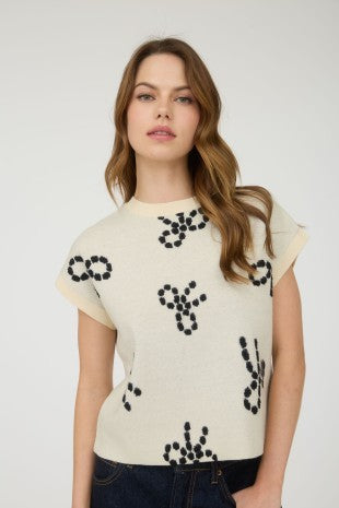Ivory & Black Short Sleeve Bow Sweater