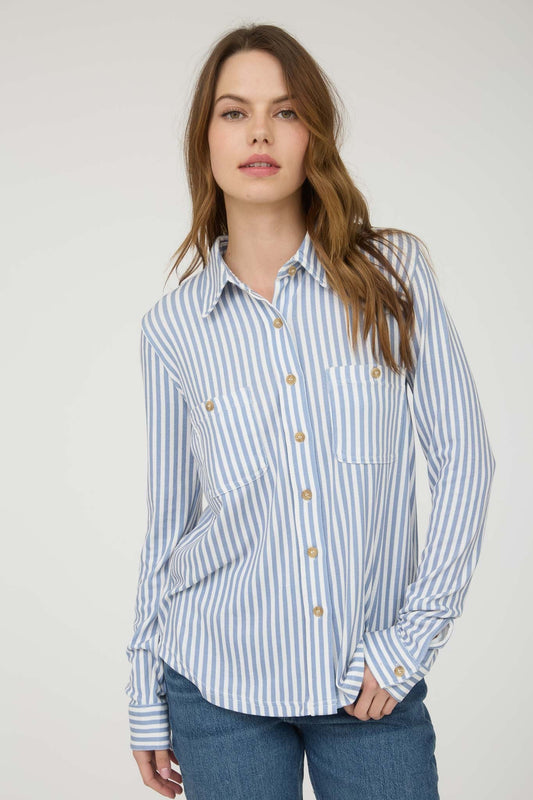 Blue Button Down Strip Long Sleeve Shirt