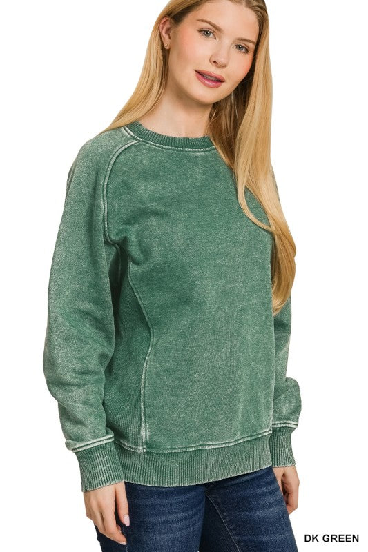 Green Acid Wash Crew Neck Sweatshirt