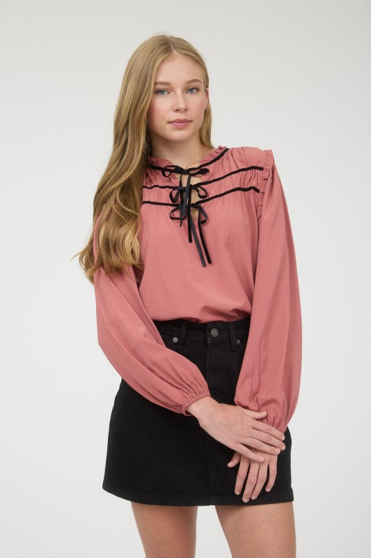 Mauve Ribbon Bow Tie Yoke Detail Long Sleeve Top