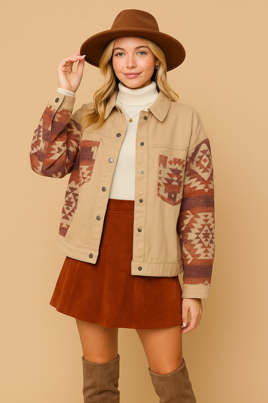 Tan & Rust Aztec Print Denim Jacket