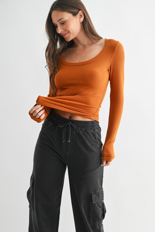 Pumpkin Scoop Neck Micro-ribbed Long Sleeve Top