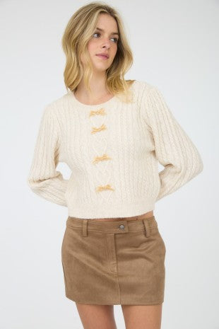 Cream Cable Knit Front Velvet Bow Detail Knit Sweater