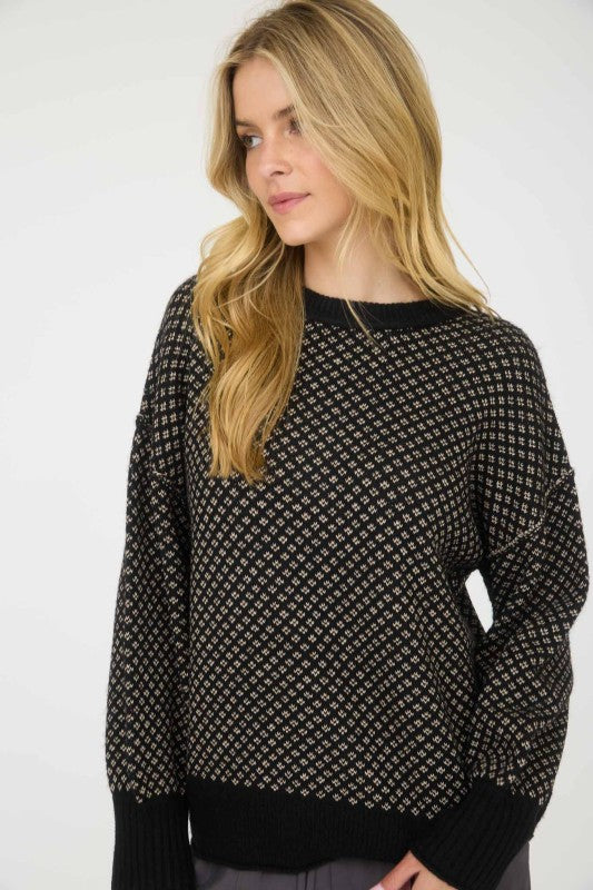 Black Jacquard Crew Neck Long Sleeve Knit Sweater