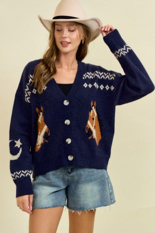 Navy Horse Button Front Oversized Cardigan