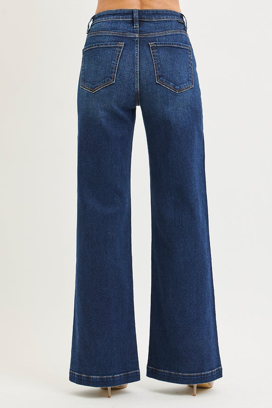 Risen Dark Wash High Rise Wid Leg Trouser Jeans