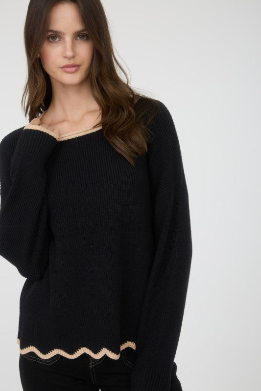Black Contrast Scallop Trim Knit Pullover Sweater