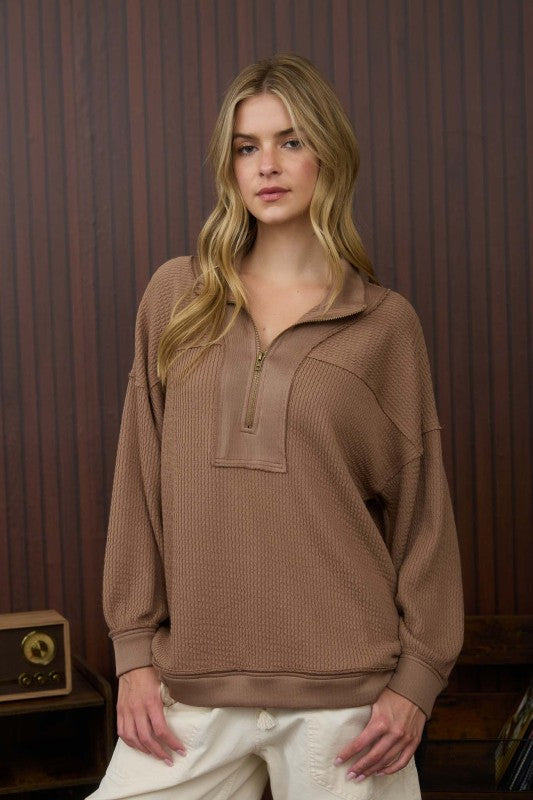 Mocha Half Zip Collared Long Sleeve Waffle Knit Top