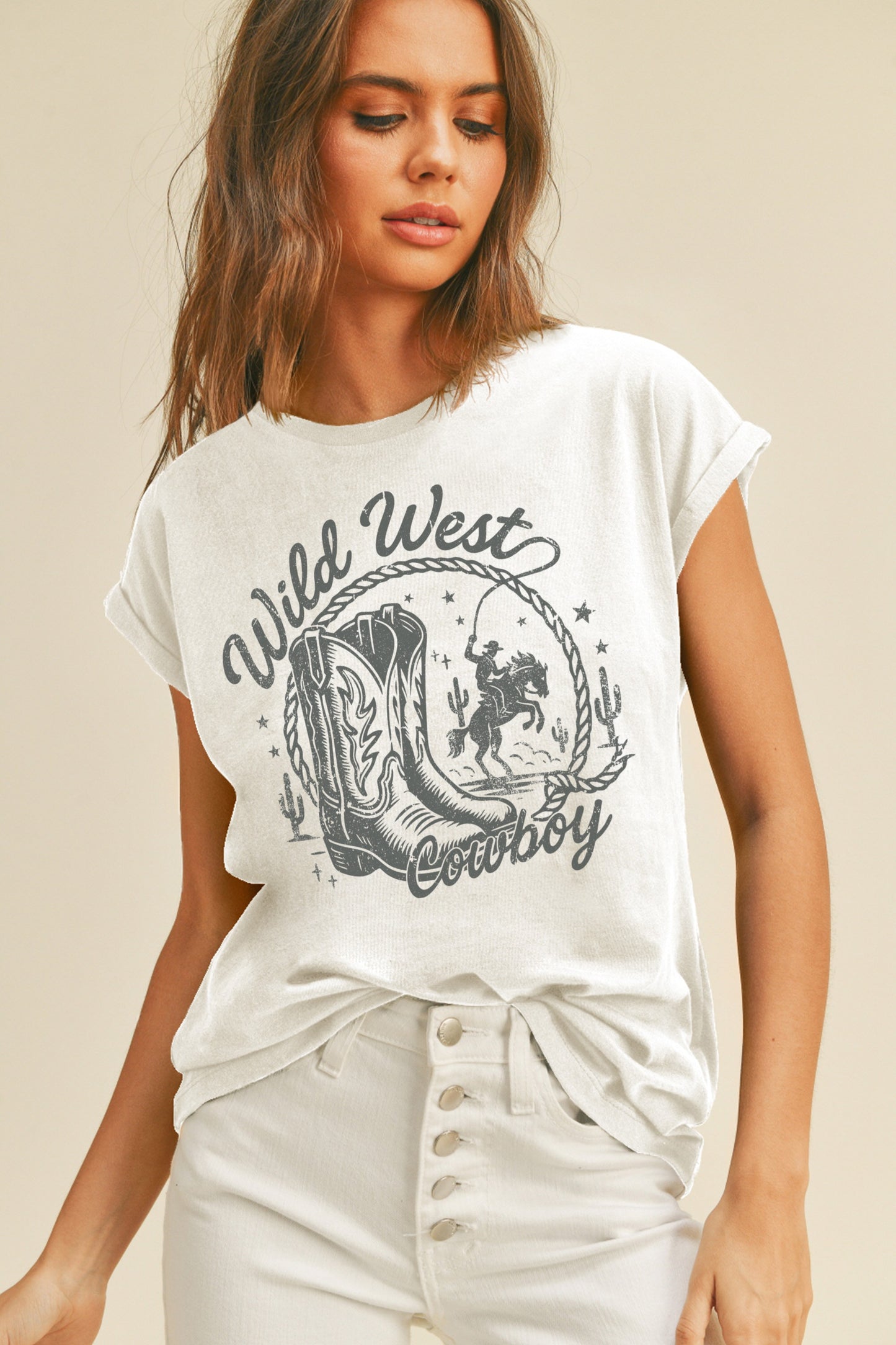 Wild West Cowboy Graphic Rolled Up Sleeve T-shirt