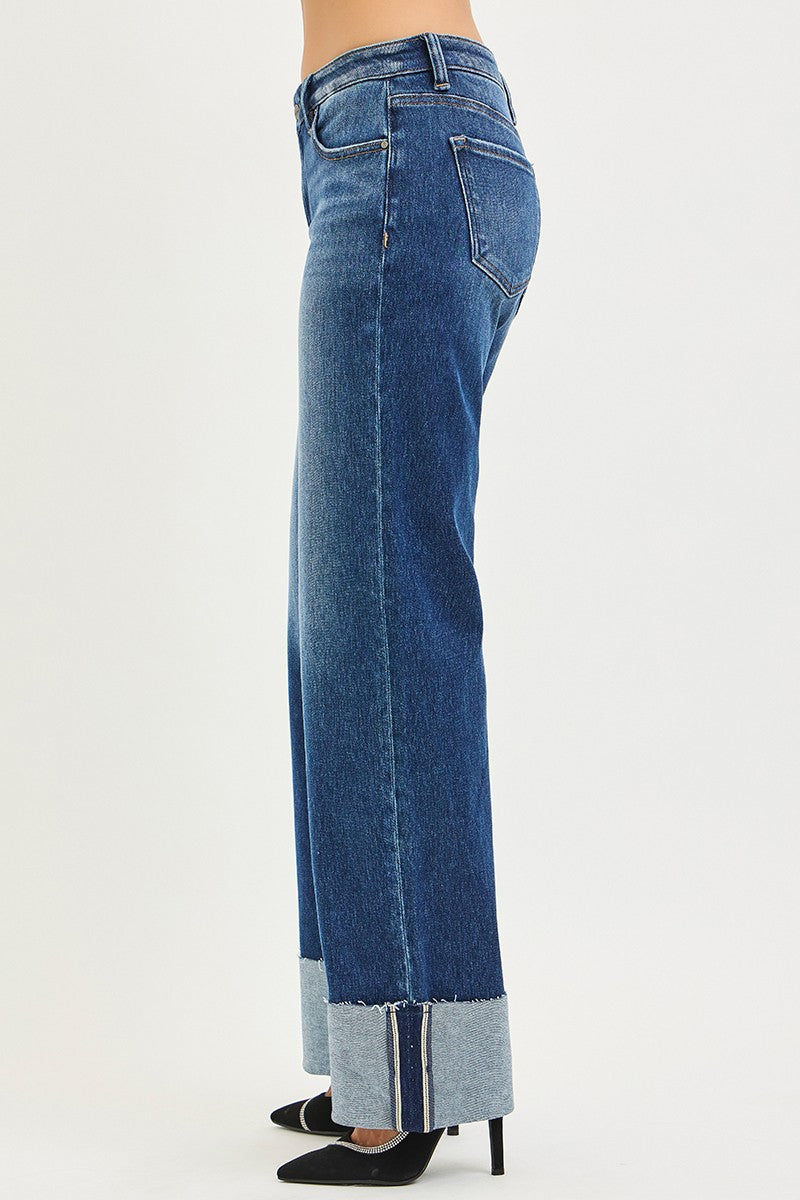 Risen Dark Wash Mid Rise Wide Straight Jeans W/ Wide Cuff