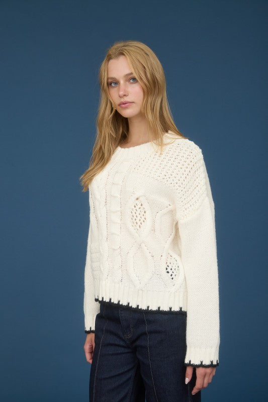 Cream Cable Knit Sweater w/Black Contrast Trim