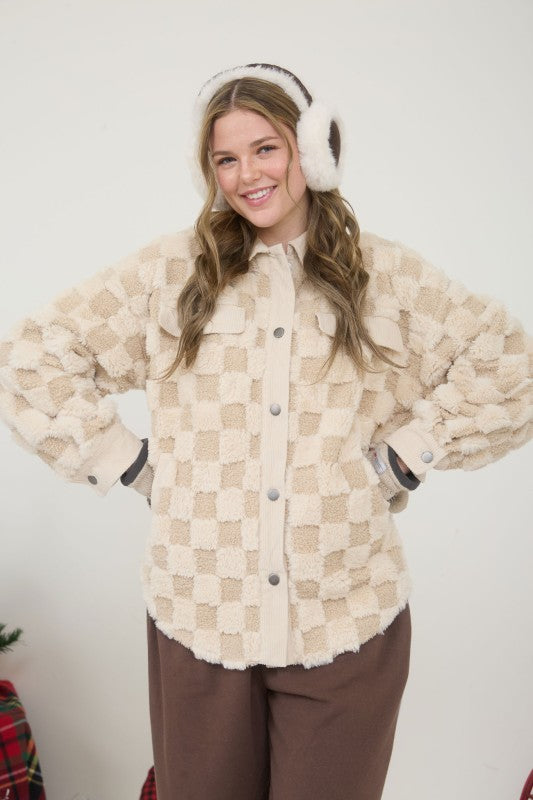 Cream Checkered Faux Shearling Button Down Shacket