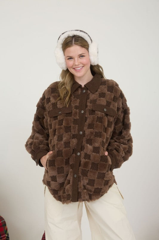Brown Checkered Faux Shearling Button Down Shacket