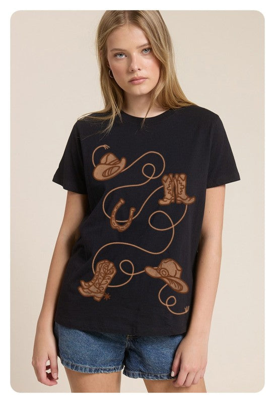 Black 'puff" All Over Western Graphic Tee