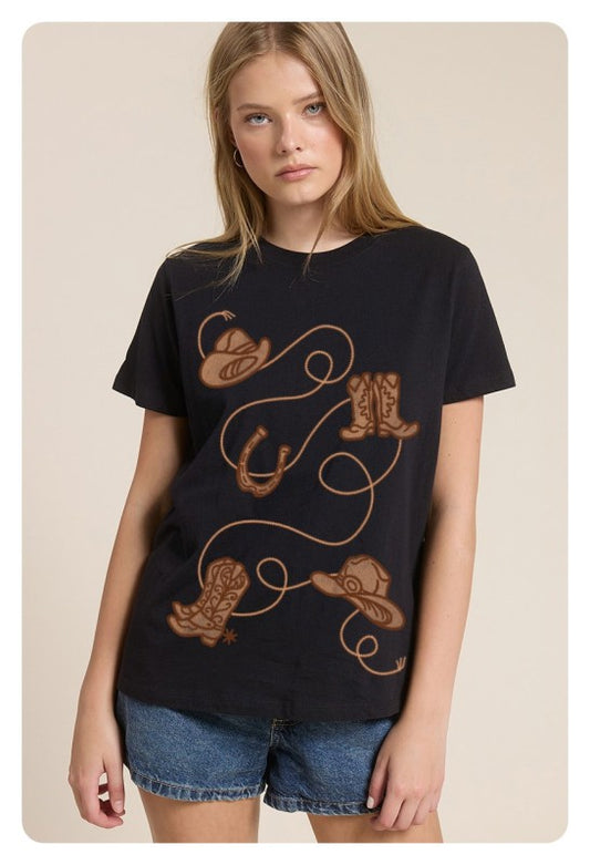 Black 'puff" All Over Western Graphic Tee