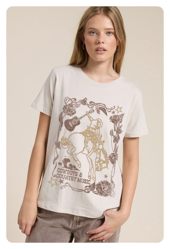 Natural 'puff' Cowboys & Country Music Graphic Top
