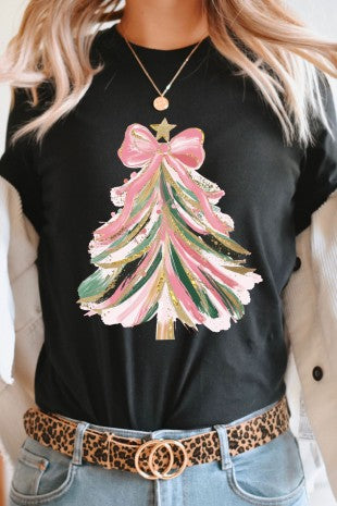 Black Glitter Bow Christmas Tree Graphic Tee