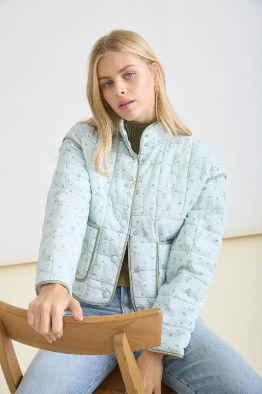 Sky & Sage Quilted Floral Button Down Puffer Jacket