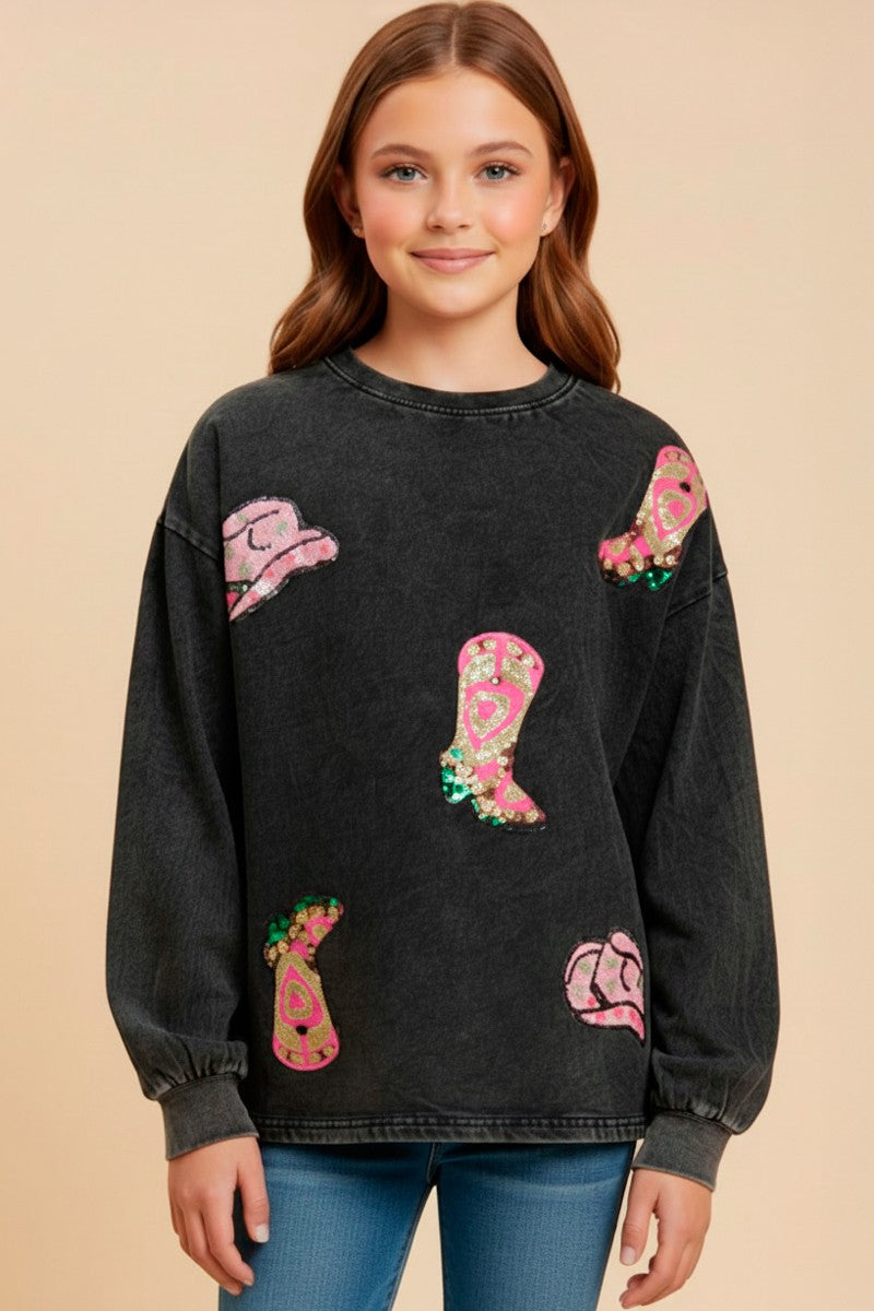 Girls Sequin Patched Wash Long Sleeve Fringed Top