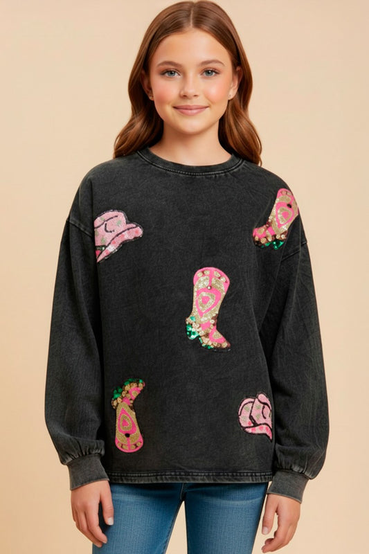 Girls Sequin Patched Wash Long Sleeve Fringed Top