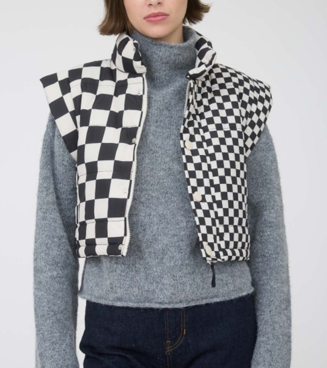 Checkered Cropped Zip Up Puffer Vest