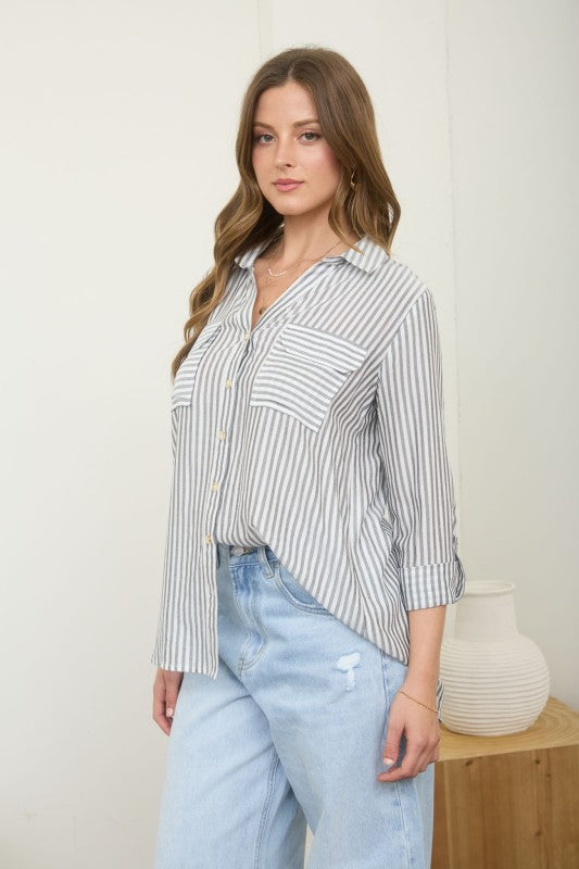 Grey Stripe Collared Button Down Lightweight Shirt
