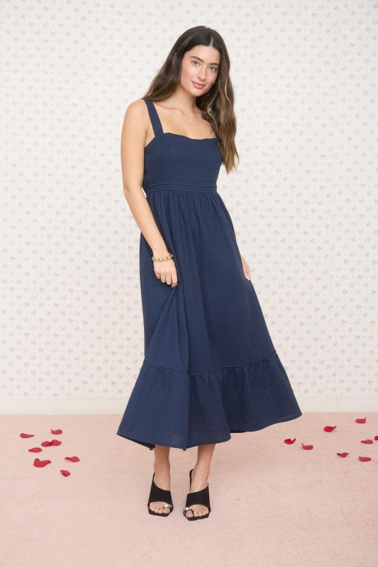 Navy Line Lace Trim Sleeveless Midi Dress