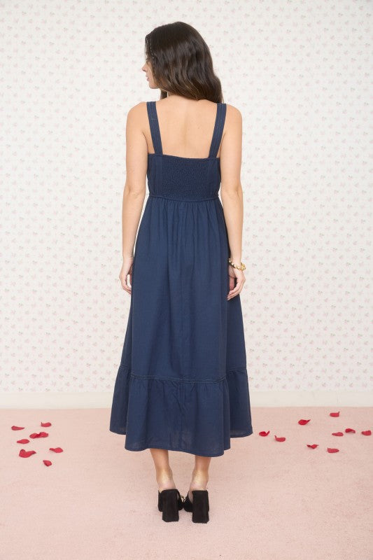 Navy Line Lace Trim Sleeveless Midi Dress