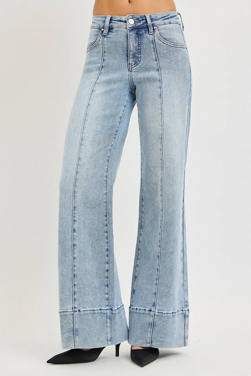 Risen Light Wash Tummy Control Mid Rise, Front Seam, Wide Hem Jeans