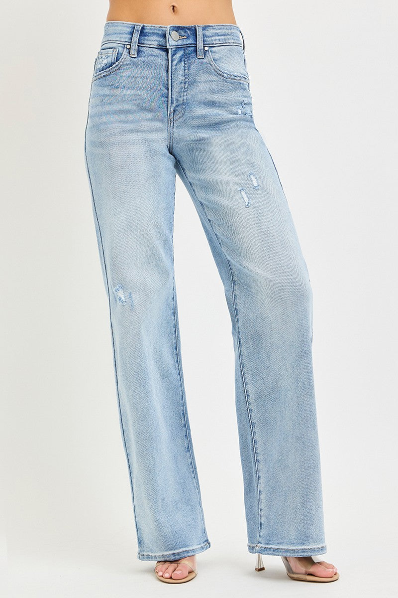 Risen Light Wash Tummy Control E-band High Rise Wide Leg Jeans