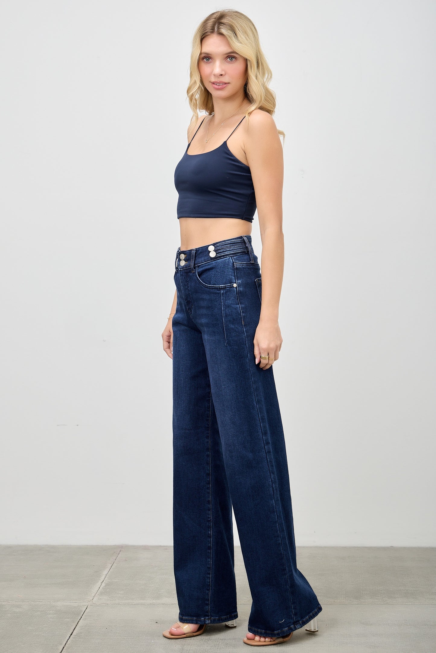 Saige High Rise Tummy Control Wide Leg with Double Buttons