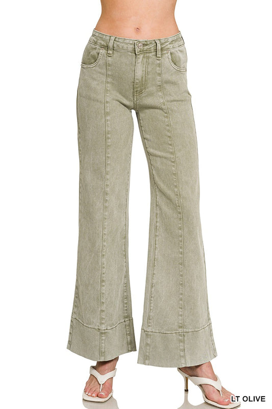 Light Olive Mid Rise Wide Leg Color Denim Pants