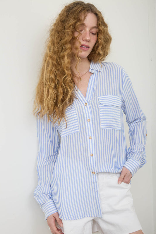 Blue Stripe Collared Button Down Lightweight Shirt