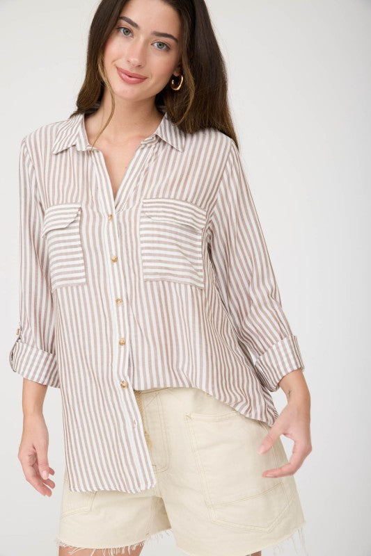 Mocha Stripe Collared Button Down Lightweight Shirt