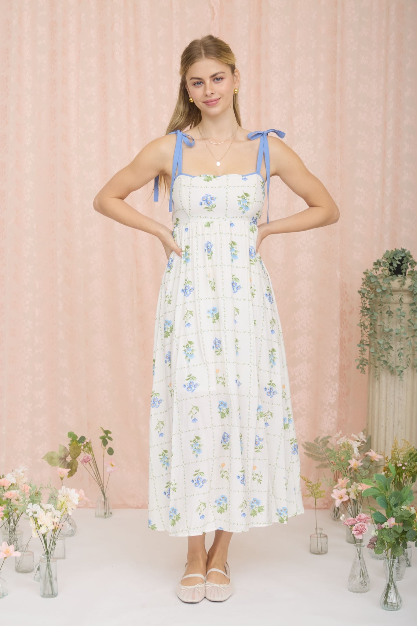 Blue Floral Tile Pattern Scalloped Tie Strap Midi Dress