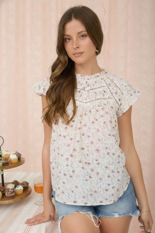 Pink Floral Yoke Detail w/ Ruffle neck and Sleeve