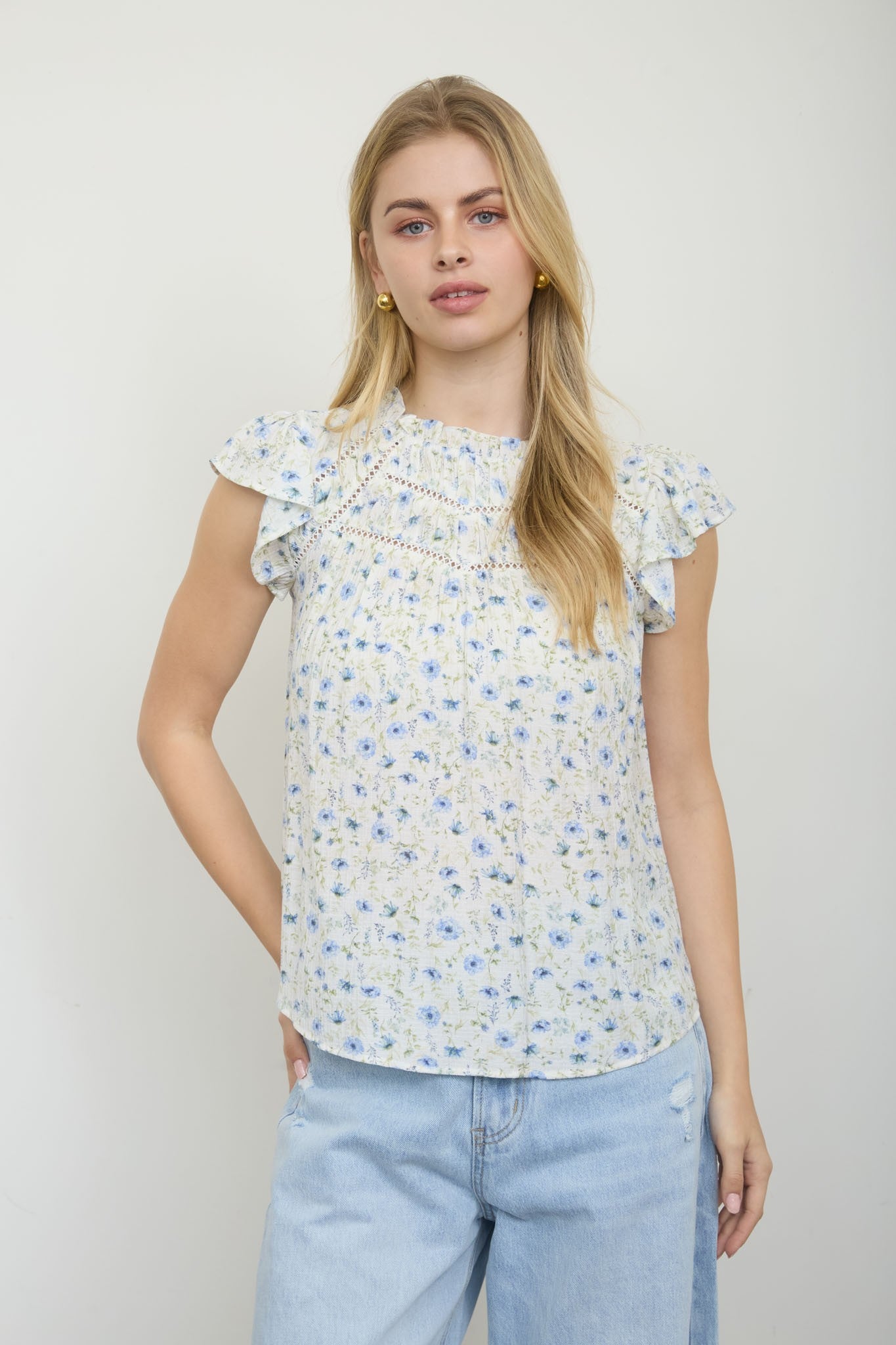 Blue Floral Yoke Detail w/ Ruffle neck and Sleeve