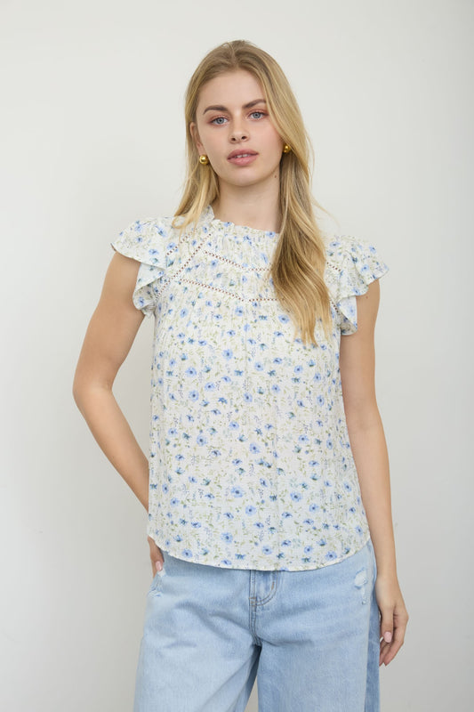 Blue Floral Yoke Detail w/ Ruffle neck and Sleeve