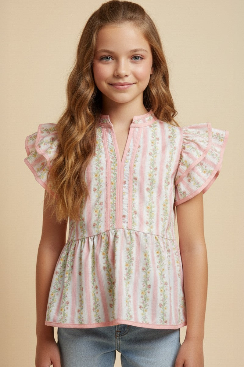 Girls Floral Striped Ruffle Shoulder Top