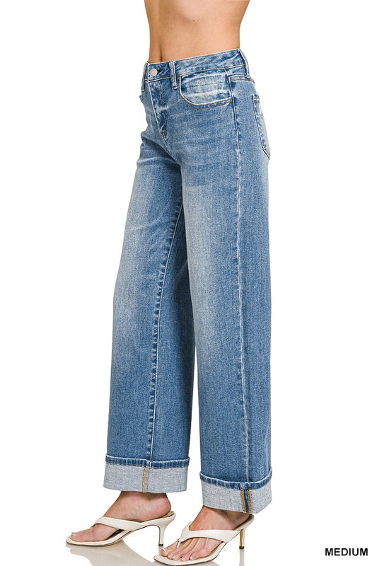 High Rise Cuffed Wide Leg Denim Pants by Zenana