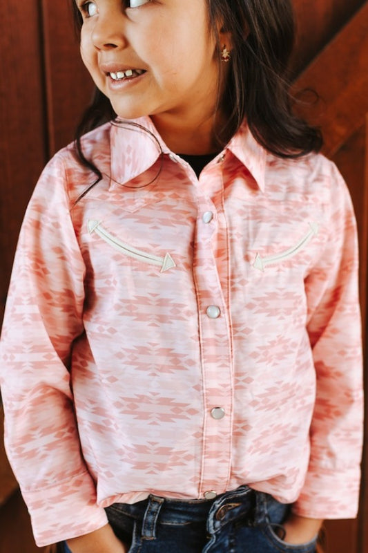 Girls Pink Aztec Printed Embroidered Pearl Snap Shirt