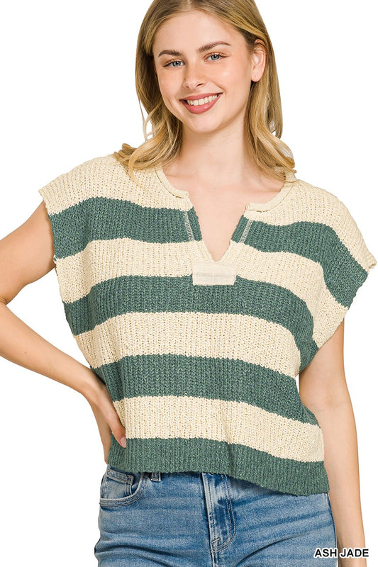 Jade Split Neck Stripe Sleeveless Sweater
