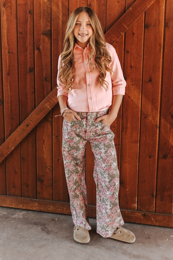 Girls Camo Cattle Brand Printed High Rise Wide Leg Jeans