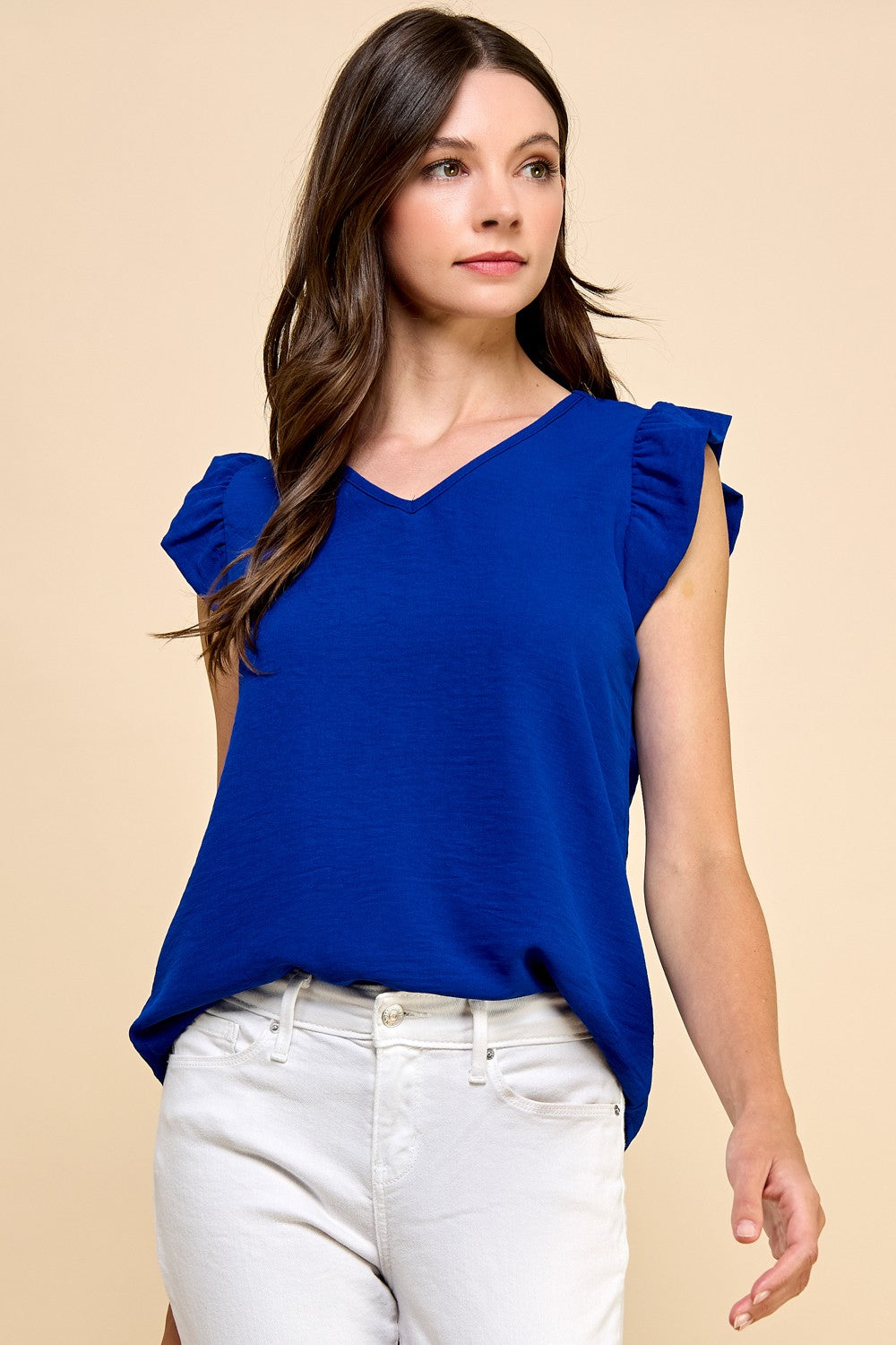 Royal Blue V Neck with Ruffled Sleeves