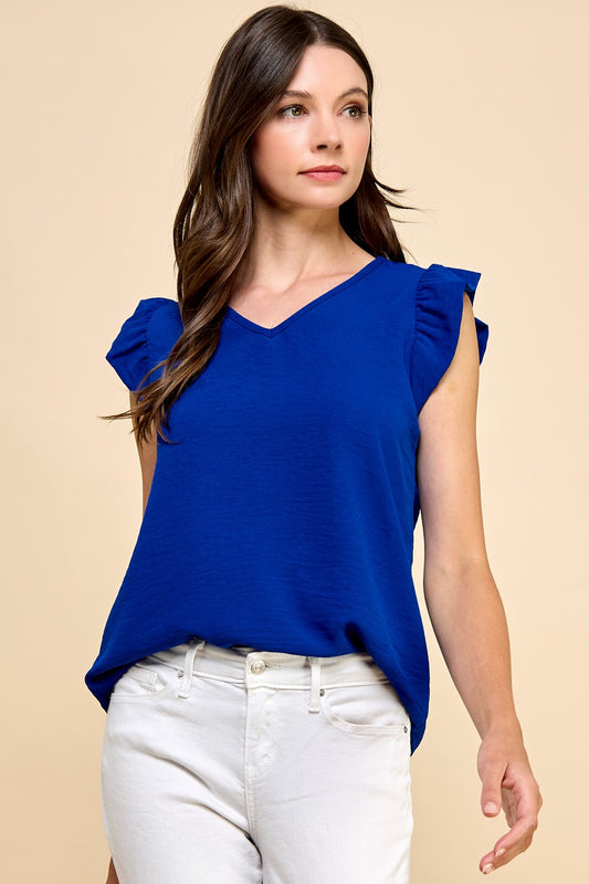 Royal Blue V Neck with Ruffled Sleeves