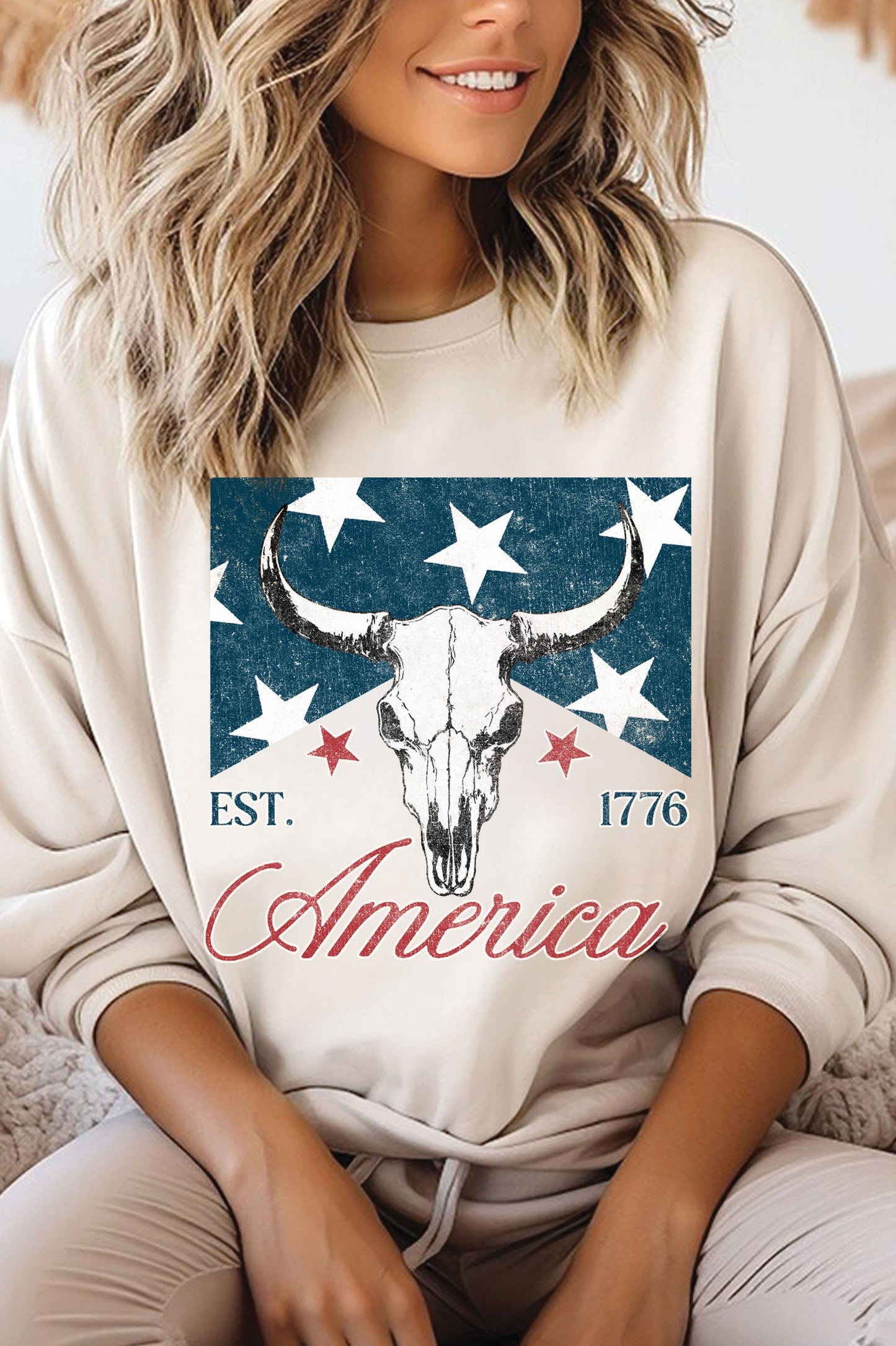 America Flag Star Cow Skull Graphic Brushed Sweatshirt