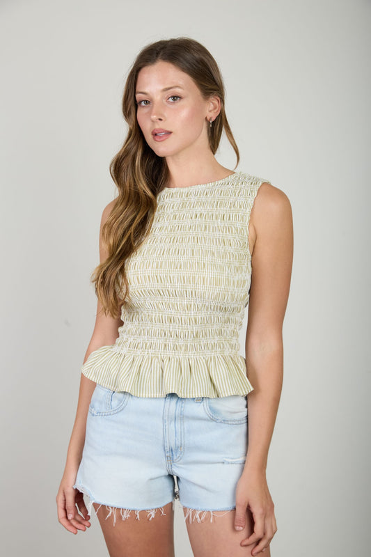 Olive Stripe Sleeveless Smocked Blouse